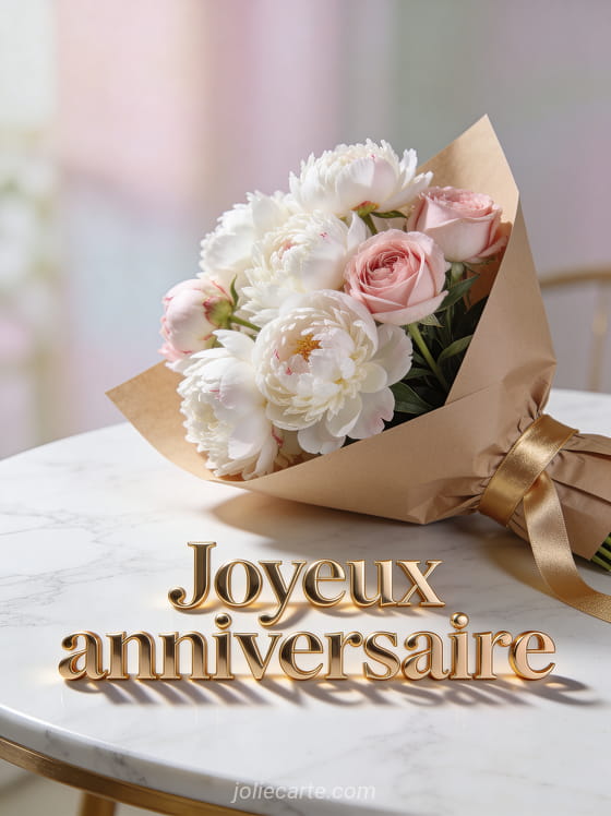 Bouquet de pivoines blanches et roses dans emballage kraft avec ruban doré sur table en marbre blanc, lumière naturelle douce