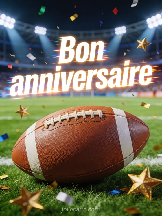 Texte Bon anniversaire en lettres blanches sportives avec ballon de rugby sur pelouse verte et stade illuminé en arrière-plan avec confettis dorés