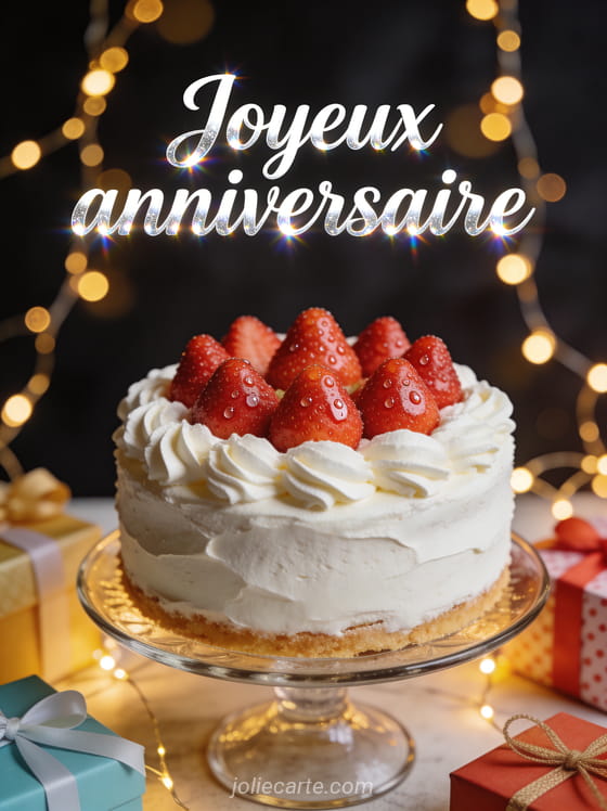 Gâteau couvert de fraises fraîches et crème fouettée sur présentoir en verre avec guirlandes lumineuses bokeh doré et cadeaux emballés