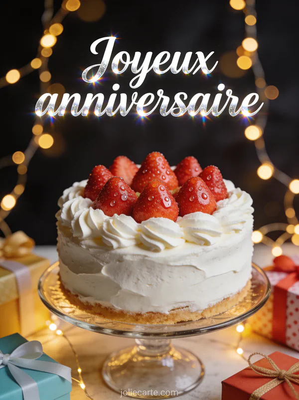 Gâteau couvert de fraises fraîches et crème fouettée sur présentoir en verre avec guirlandes lumineuses bokeh doré et cadeaux emballés