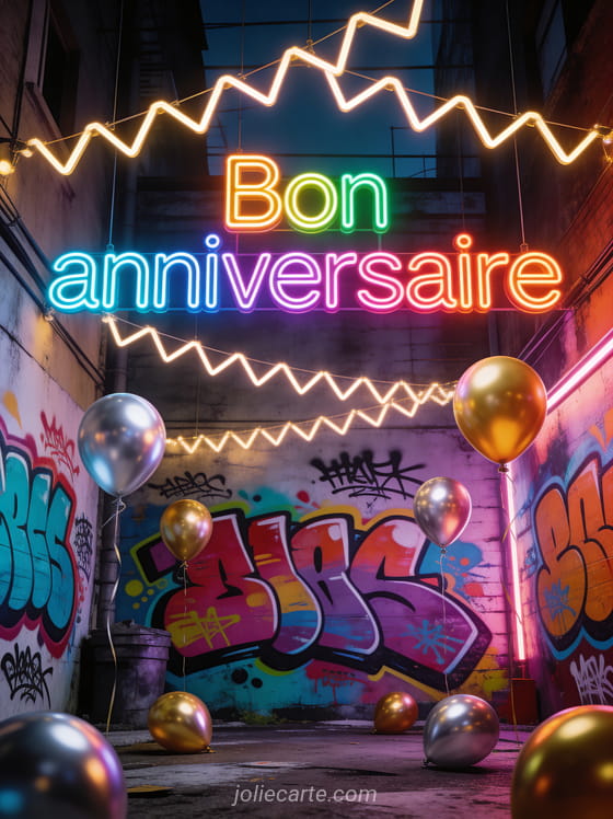 Texte Bon anniversaire en lettres néon colorées avec scène urbaine de graffitis et ballons métallisés dorés et argentés avec guirlandes lumineuses