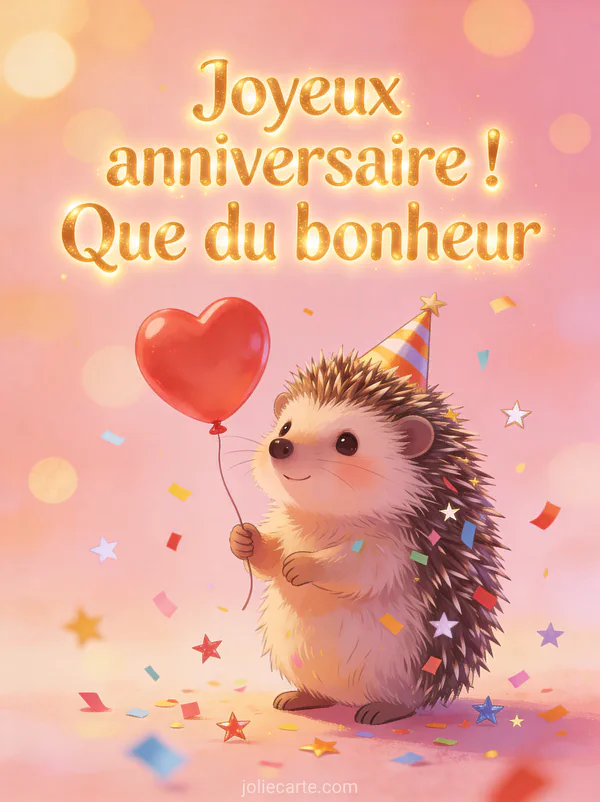 Petit hérisson mignon avec chapeau de fête tenant un ballon coeur rouge entouré de confettis colorés et étoiles sur fond rose pastel