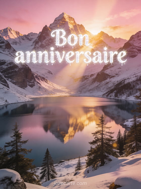 Texte Bon anniversaire en lettres blanches lumineuses avec paysage de sommets enneigés au lever du soleil lac alpin et sapins
