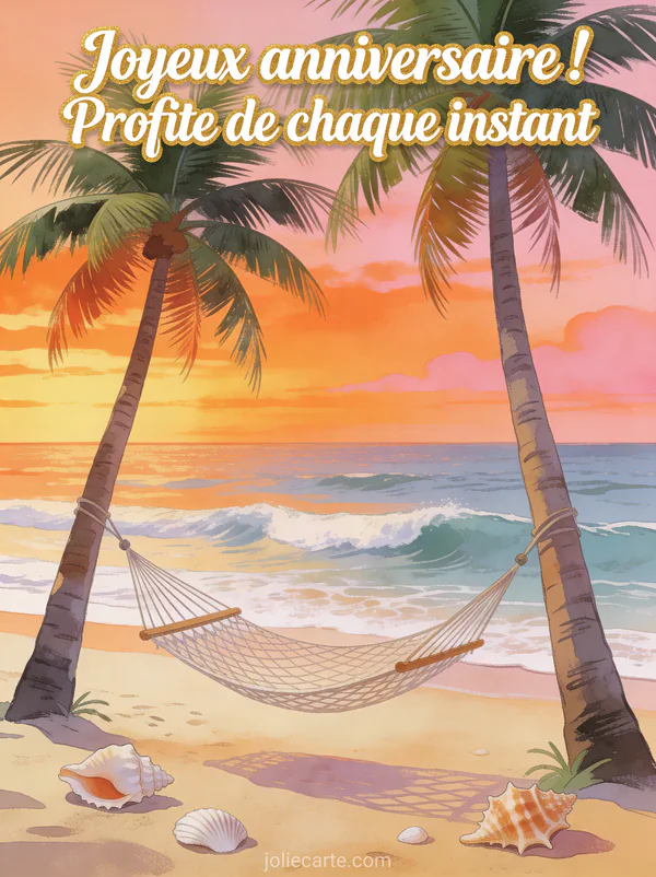 Plage tropicale au coucher du soleil avec palmiers, hamac entre deux cocotiers, ciel orange et rose, vagues douces et coquillages