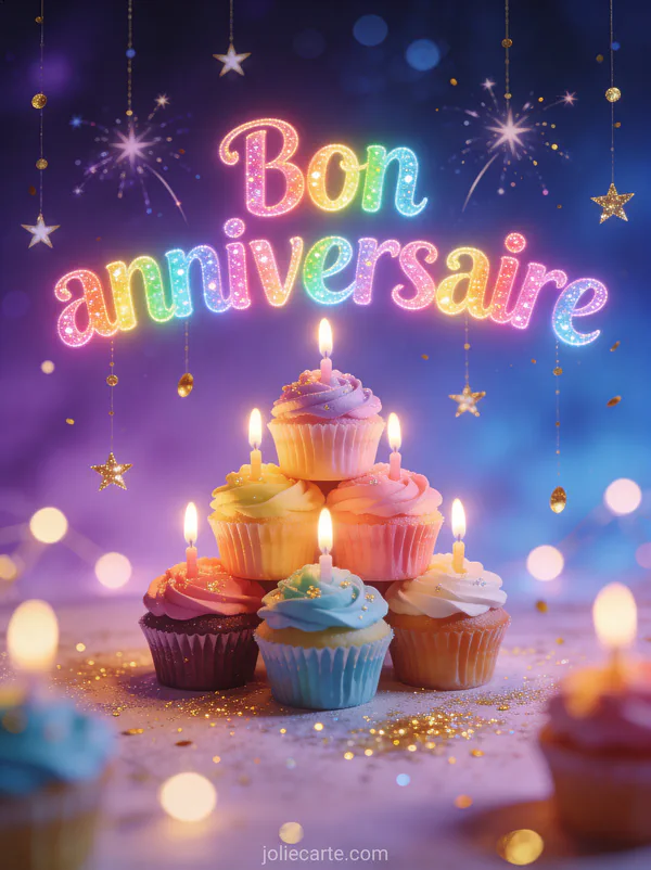 Texte Bon anniversaire en lettres arc-en-ciel pailletées avec cupcakes colorés en pyramide et étoiles filantes sur fond violet et bleu nuit