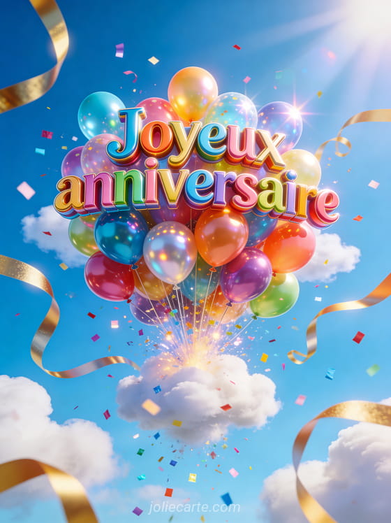 Explosion joyeuse de ballons colorés montant dans un ciel bleu azur avec rubans dorés, confettis multicolores et rayons de soleil