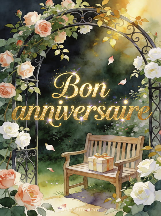 Texte Bon anniversaire en lettres dorées raffinées avec jardin anglais et roses anciennes grimpant sur arche en fer forgé et cadeau sur banc