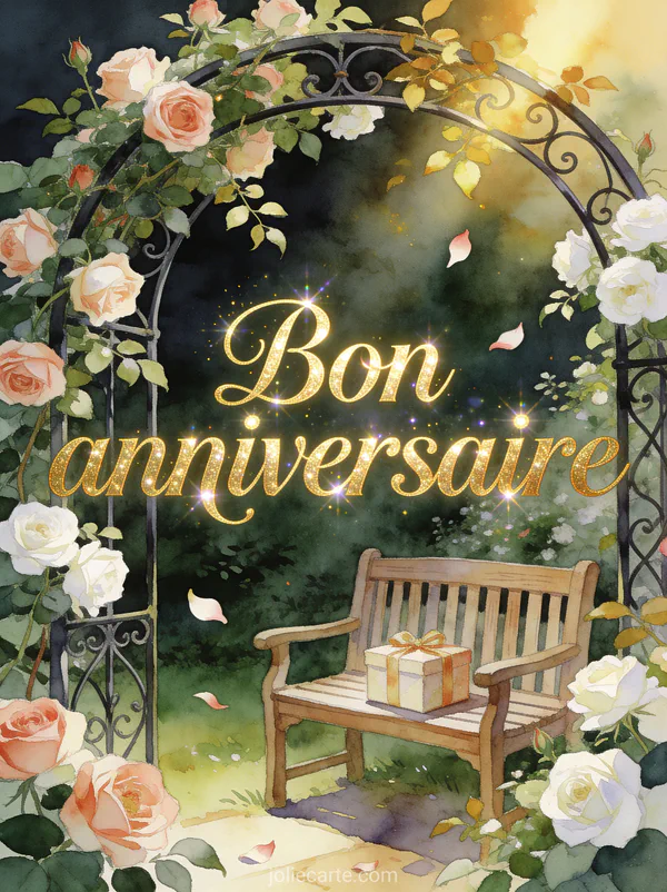 Texte Bon anniversaire en lettres dorées raffinées avec jardin anglais et roses anciennes grimpant sur arche en fer forgé et cadeau sur banc