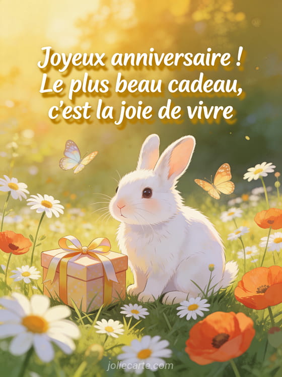 Petit lapin blanc assis dans un pré fleuri de marguerites et coquelicots avec cadeau emballé et ruban, papillons et lumière dorée