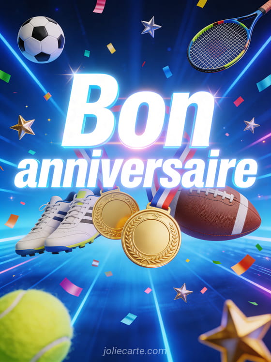 Texte Bon anniversaire en lettres blanches dynamiques avec équipements sportifs variés ballon baskets raquette et médailles dorées sur fond bleu