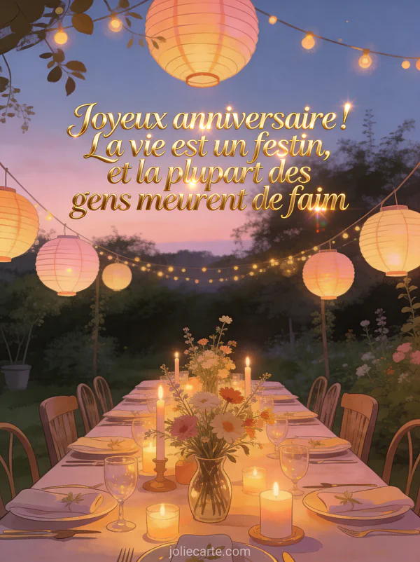 Longue table de fête dressée dans un jardin au crépuscule avec lanternes en papier, bougies, fleurs sauvages et guirlandes lumineuses