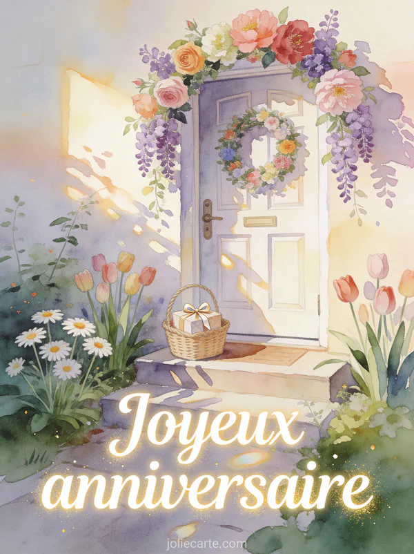Texte Joyeux anniversaire en lettres blanches élégantes avec porte décorée d'une couronne de fleurs et panier cadeau sur le pas de la porte