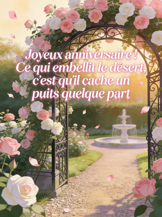 Jardin de roses anglaises en pleine floraison avec arche en fer forgé couverte de roses, allée de gravier, fontaine et lumière dorée