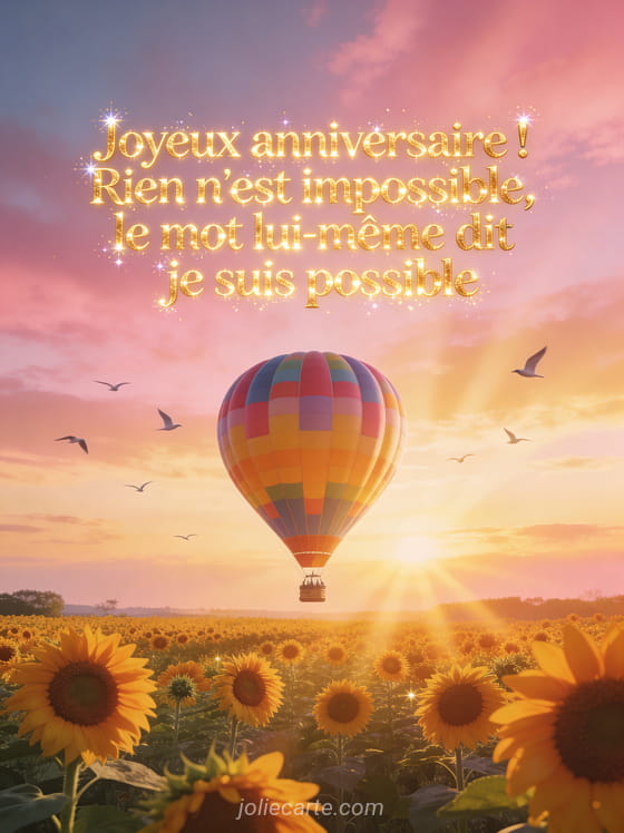 Montgolfière colorée s'élevant au-dessus d'un champ de tournesols au lever du soleil avec ciel rose et doré et oiseaux en vol