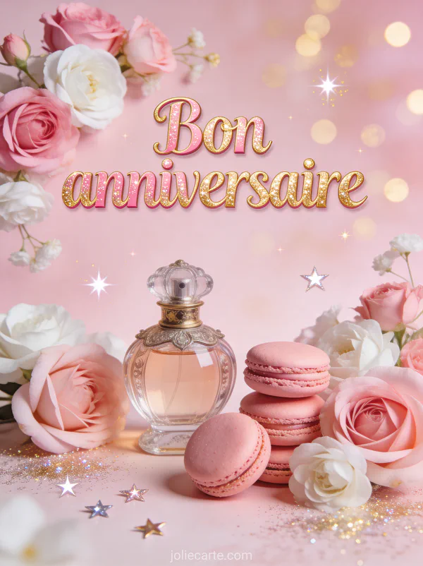 Texte Bon anniversaire en lettres roses et dorées pailletées avec fleurs roses macarons et flacon de parfum vintage sur fond rose poudré