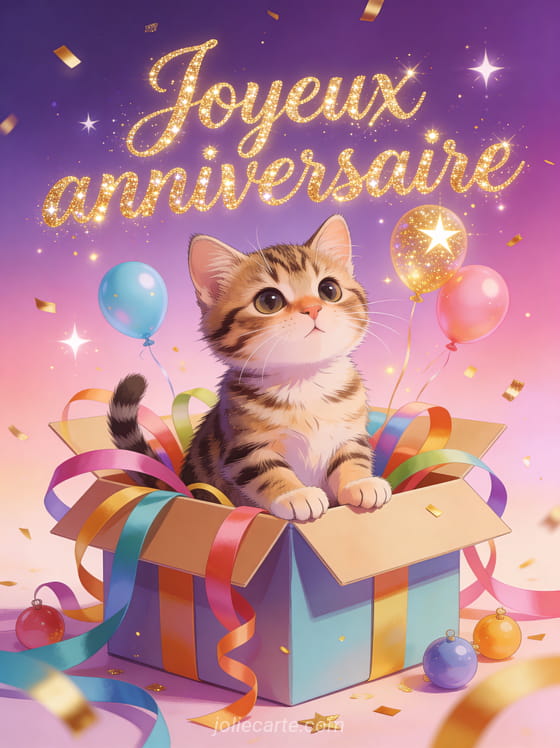 Chaton tigré assis dans une boîte cadeau ouverte entourée de rubans colorés et petits ballons sur fond violet et rose avec étoiles