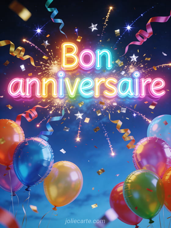 Texte Bon anniversaire en grandes lettres néon multicolores avec explosion de confettis dorés serpentins et ballons colorés sur fond bleu nuit