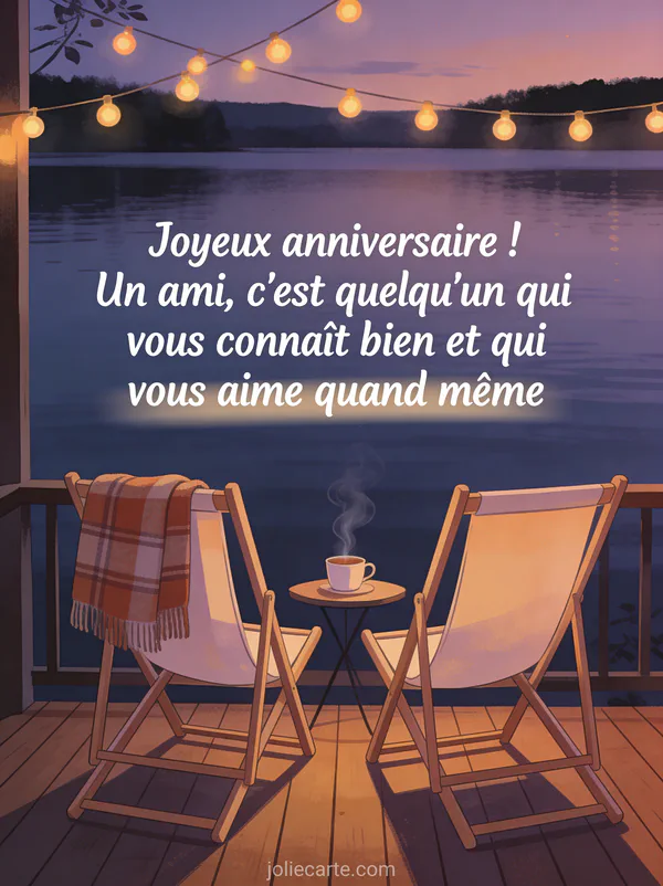 Deux chaises longues côte à côte sur terrasse en bois face à un lac au crépuscule avec plaid, tasse de thé et guirlandes lumineuses