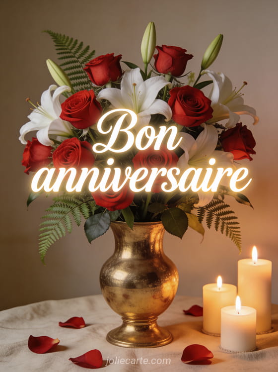 Texte Bon anniversaire en lettres blanches cursives avec arrangement floral de roses rouges lys blancs et fougère dans vase doré avec bougies