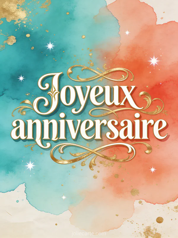 Lettres décoratives fantaisie avec fioritures dorées sur fond aquarelle bleu turquoise et corail avec éclaboussures dorées et étoiles