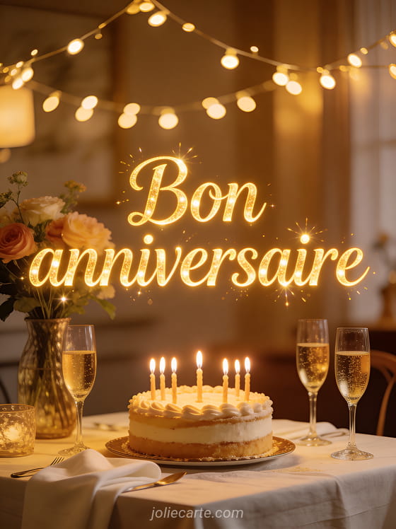 Texte Bon anniversaire en lettres dorées avec table de fête décorée nappe blanche verres de champagne gâteau aux bougies et guirlandes