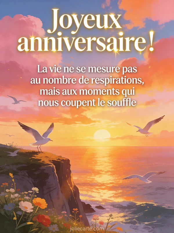 Coucher de soleil spectaculaire vu depuis une falaise au-dessus de la mer avec nuages roses, mouettes en vol et fleurs sauvages