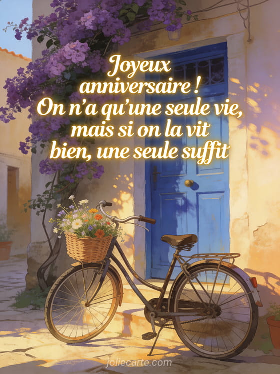 Vieux vélo vintage avec panier rempli de fleurs des champs garé devant porte bleue d'un village méditerranéen avec bougainvilliers