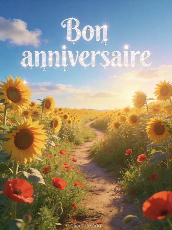 Texte Bon anniversaire en lettres blanches avec champ de tournesols et coquelicots rouges sous un ciel bleu et lumière dorée de fin d'après-midi