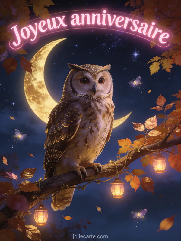 Hibou majestueux perché sur une branche décorée de lanternes lumineuses, ciel nocturne étoilé, lune dorée et lucioles dansantes
