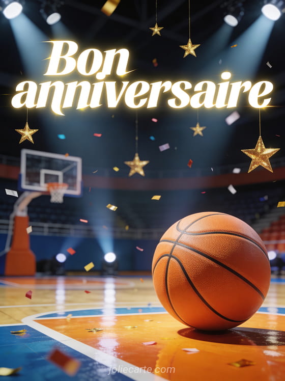 Texte Bon anniversaire en lettres blanches dynamiques avec ballon de basket orange sur terrain brillant et confettis dorés sous des projecteurs