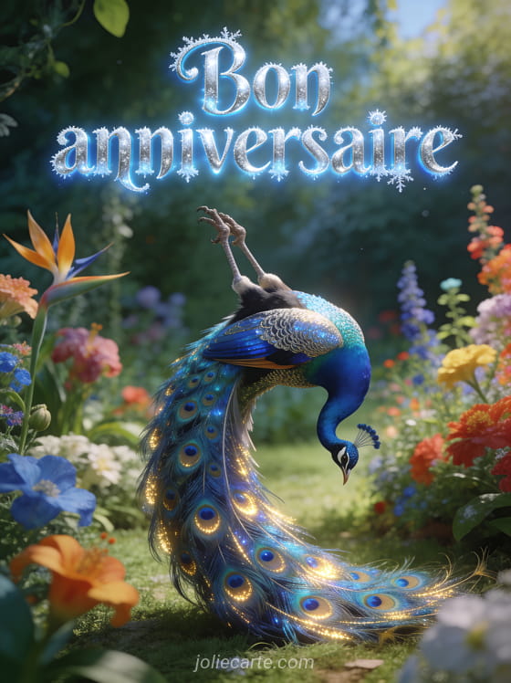 Texte Bon anniversaire en lettres bleues et argentées avec paon faisant la roue aux plumes scintillantes dans un jardin luxuriant fleuri