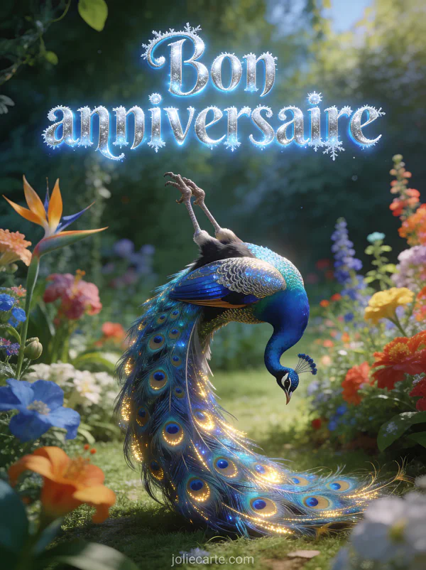 Texte Bon anniversaire en lettres bleues et argentées avec paon faisant la roue aux plumes scintillantes dans un jardin luxuriant fleuri
