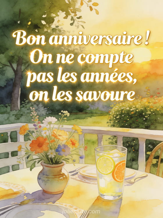 Texte Bon anniversaire On ne compte pas les années on les savoure sur terrasse d'été avec limonade et fleurs sauvages au soleil couchant