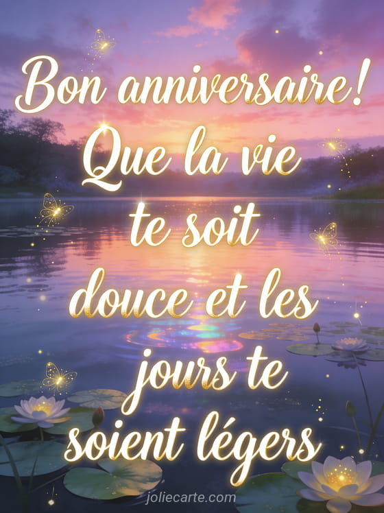 Texte poétique Bon anniversaire au bord d'un lac calme reflétant un coucher de soleil rose et violet avec nénuphars et lucioles dorées
