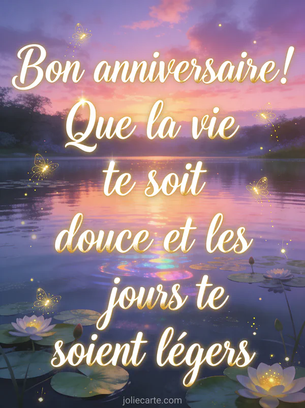 Texte poétique Bon anniversaire au bord d'un lac calme reflétant un coucher de soleil rose et violet avec nénuphars et lucioles dorées
