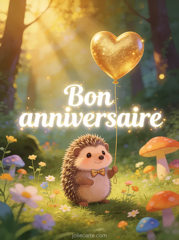 Texte Bon anniversaire avec hérisson portant un noeud papillon tenant un ballon coeur doré entouré de fleurs sauvages en sous-bois enchanté