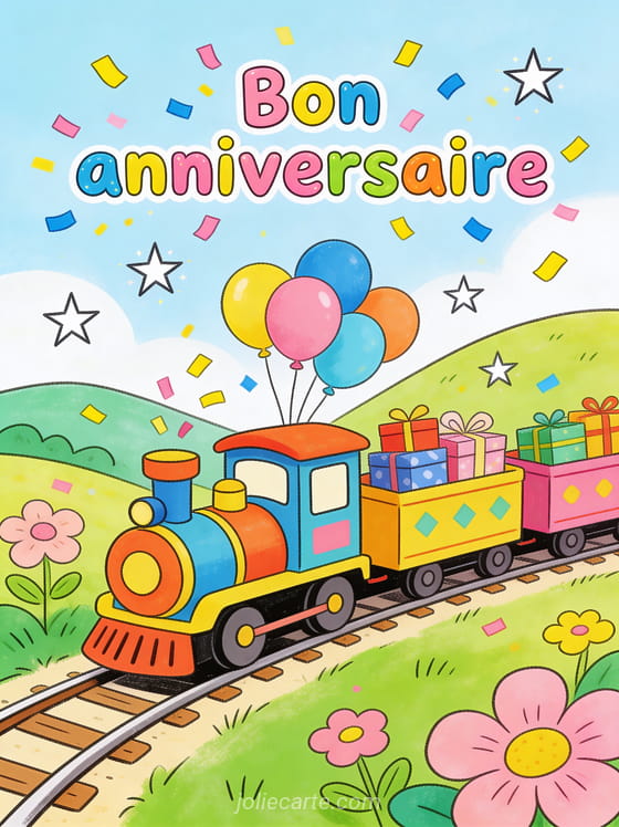 Texte Bon anniversaire en lettres colorées avec petit train rempli de cadeaux et ballons traversant des collines verdoyantes avec étoiles