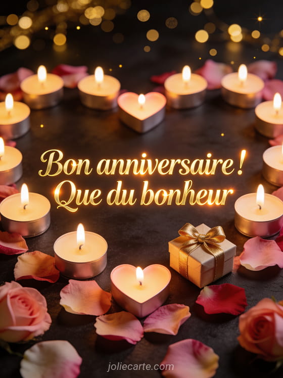 Texte Bon anniversaire Que du bonheur en lettres dorées avec bougies en forme de coeur pétales de roses et cadeau doré sur fond sombre