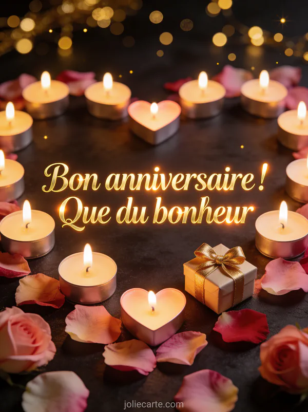 Texte Bon anniversaire Que du bonheur en lettres dorées avec bougies en forme de coeur pétales de roses et cadeau doré sur fond sombre