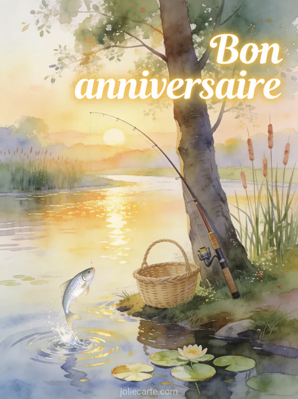 Texte Bon anniversaire en lettres blanches avec scène de rivière au lever du soleil canne à pêche panier en osier et poisson sautant