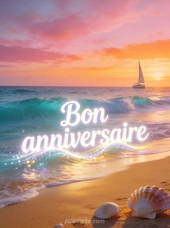 Texte Bon anniversaire en lettres blanches lumineuses avec plage de sable doré vagues turquoise voilier et coucher de soleil rose orangé