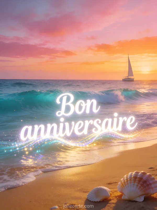 Texte Bon anniversaire en lettres blanches lumineuses avec plage de sable doré vagues turquoise voilier et coucher de soleil rose orangé