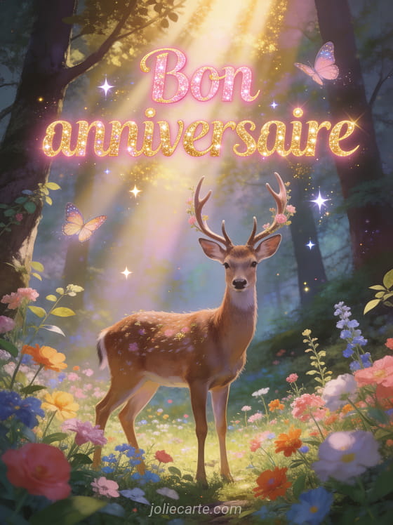 Texte Bon anniversaire en lettres roses et dorées avec cerf majestueux dans une clairière de fleurs sauvages et rayons dorés entre les arbres