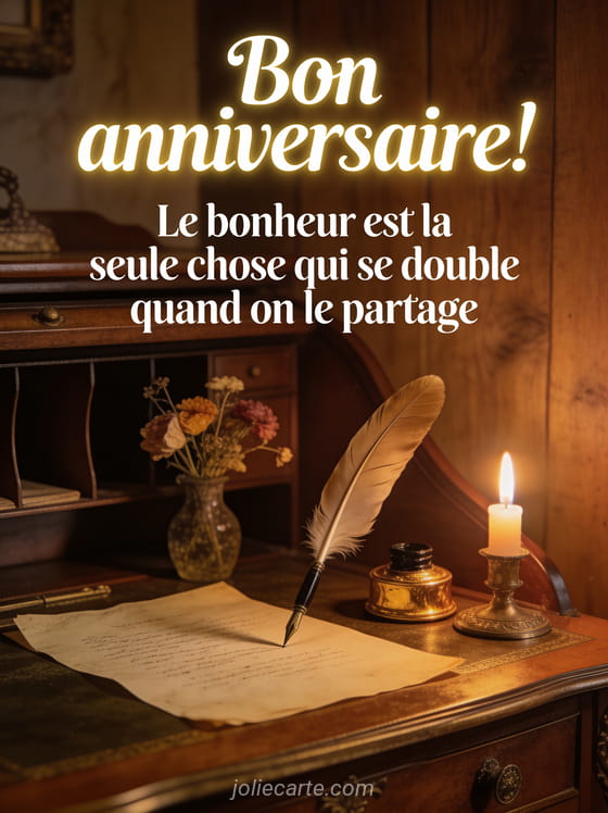 Texte Bon anniversaire Le bonheur se double quand on le partage sur bureau vintage avec plume encrier doré et fleurs séchées à la bougie