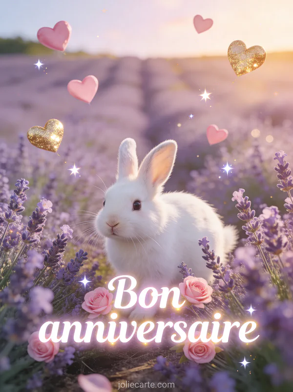 Texte Bon anniversaire en lettres blanches et roses avec petit lapin blanc dans un champ de lavande et coeurs roses et dorés flottants