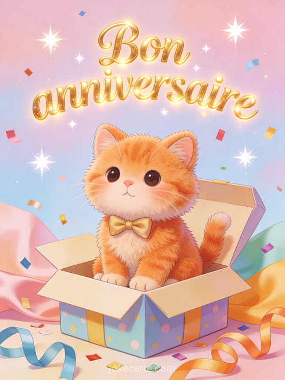 Texte Bon anniversaire en lettres dorées fantaisistes avec chaton roux pelucheux portant un noeud papillon dans une boîte cadeau ouverte et confettis