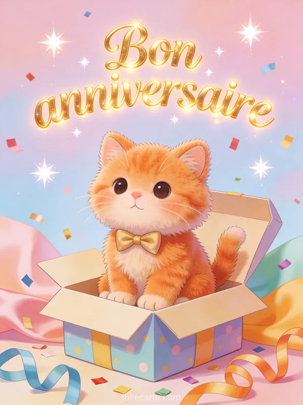 Texte Bon anniversaire en lettres dorées fantaisistes avec chaton roux pelucheux portant un noeud papillon dans une boîte cadeau ouverte et confettis