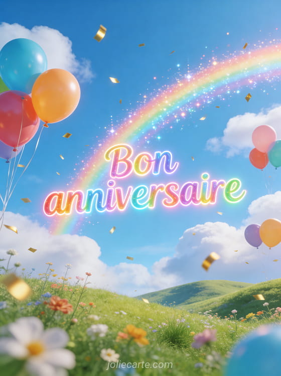 Texte Bon anniversaire en lettres multicolores arc-en-ciel avec arc-en-ciel scintillant ballons colorés et confettis dorés sur collines fleuries