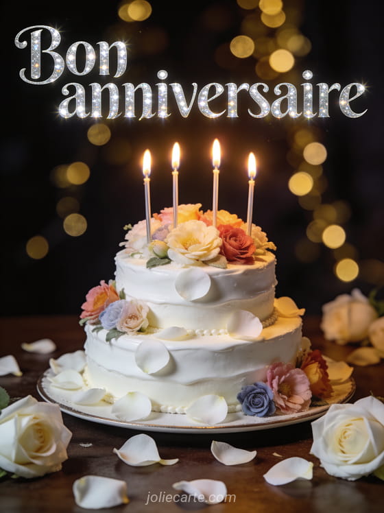 Texte Bon anniversaire en lettres argentées scintillantes avec gâteau élégant à étages glaçage blanc fleurs comestibles et bougies sur fond sombre