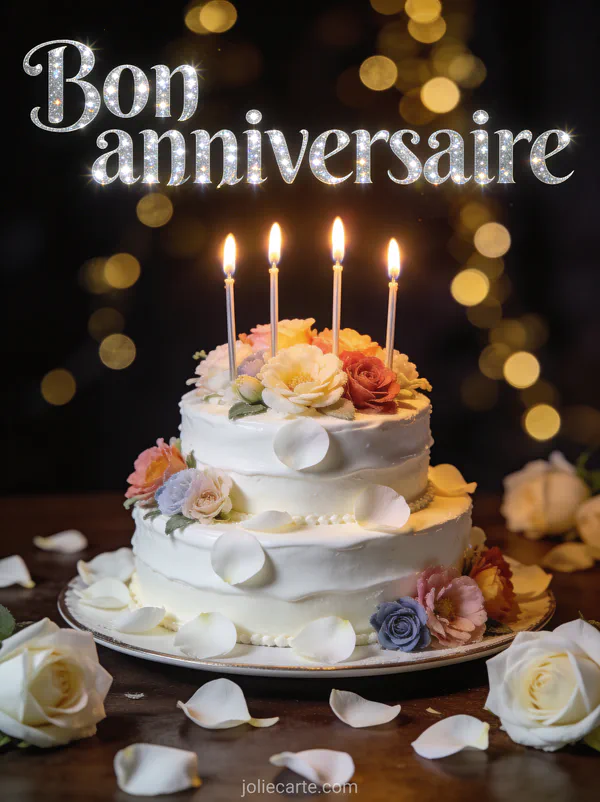 Texte Bon anniversaire en lettres argentées scintillantes avec gâteau élégant à étages glaçage blanc fleurs comestibles et bougies sur fond sombre
